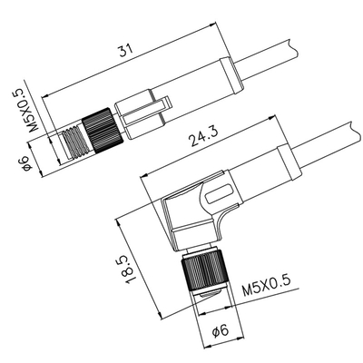60V M5 conector de cabo 3 4 de 90 graus Pin Male Female CuZn